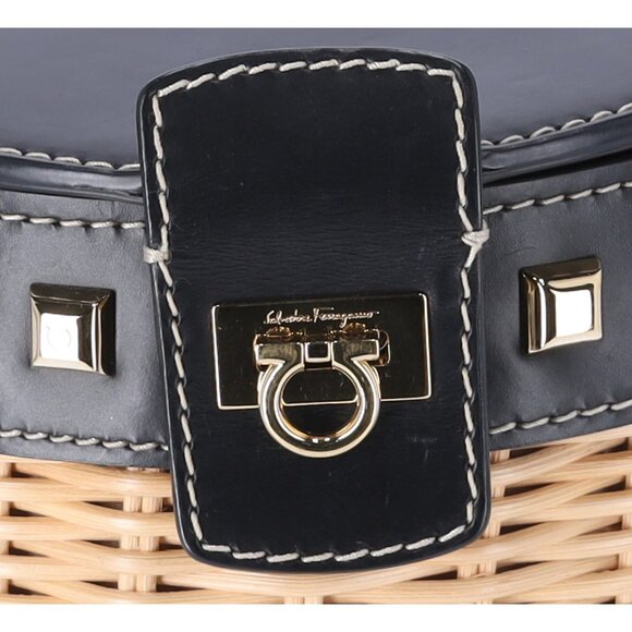 Salvatore Ferragamo Gancini Drawstring Bucket Bag Wicker Studded Leather + Pouch - Picture 7 of 12